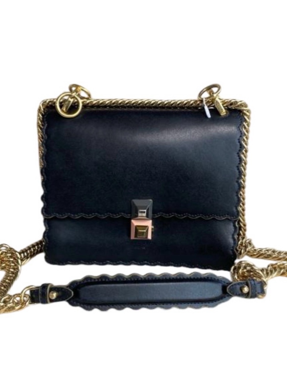 Fendi Black Leather Crossbody with Gold Chain Trim
